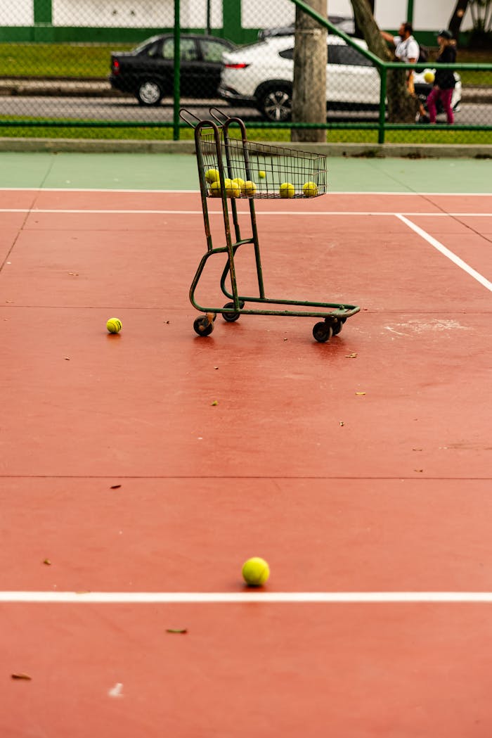 home-hero An outdoor tennis court with a cart full of tennis balls, creating a sporty atmosphere.